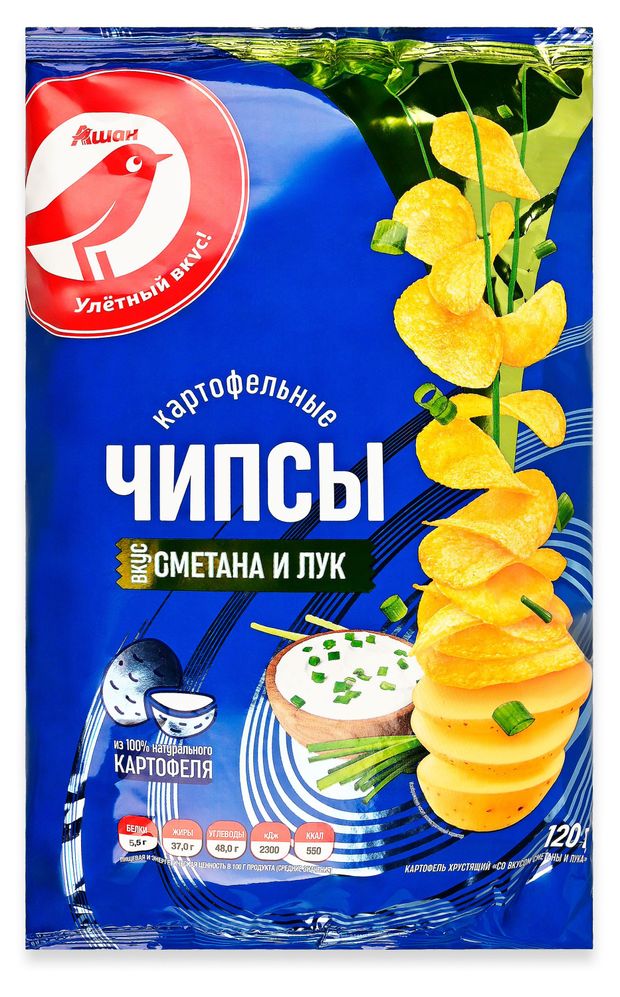 Чипсы картофельные АШАН Красная птица со вкусом сметаны и лука 120 г 100₽