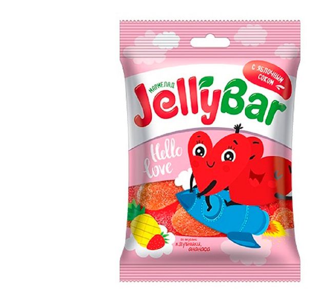 Мармелад жевательный Jelly Bar в форме сердечек с сахарной посыпкой вкусы ананас клубника, 65 г