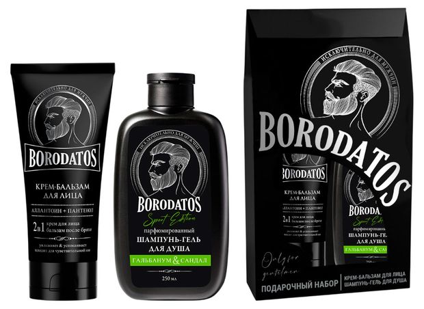 Набор подарочный Borodatos, Шампунь-гель для душа 250 мл + Крем-бальзам для лица 75 мл