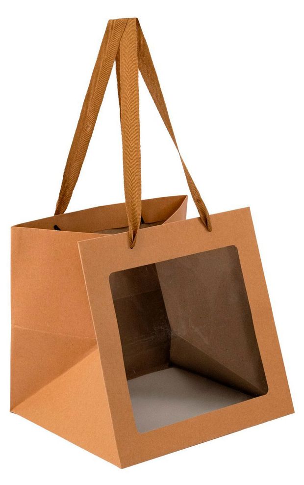 Сумка-пакет подарочный для цветов и подарков Азалия Декор с прозрачной вставкой натуральный крафт, 25x25x25 см