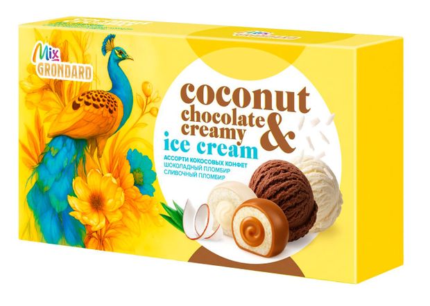 Конфеты кокосовые Mix GRONDARD Ассорти шоколадный и сливочный пломбир, 126 г