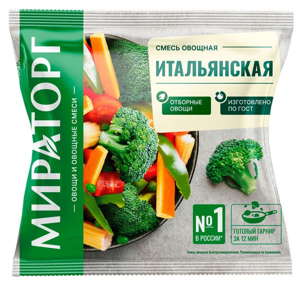 Овощная смесь Мираторг Итальянская капуста брокколи кукуруза початки морковь зеленый горошек томаты сладкий болгарский перец ГОСТ замороженная, 400 г