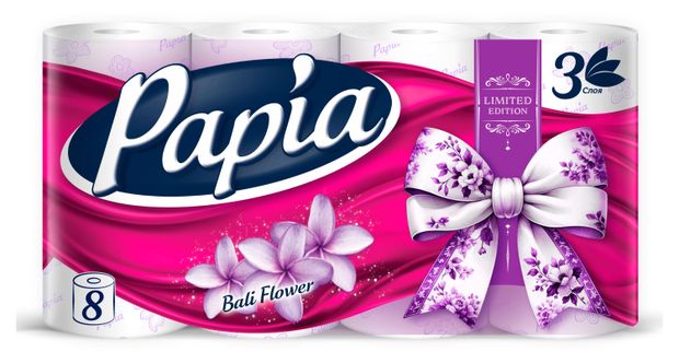 Туалетная бумага Papia Bali Flower белая 3 слоя, 8 рулонов