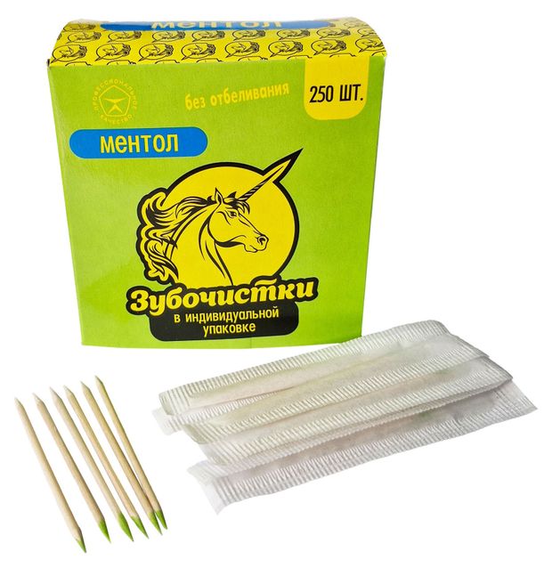 Зубочистки Единорог береза с ментоловым кончиком, 250 шт