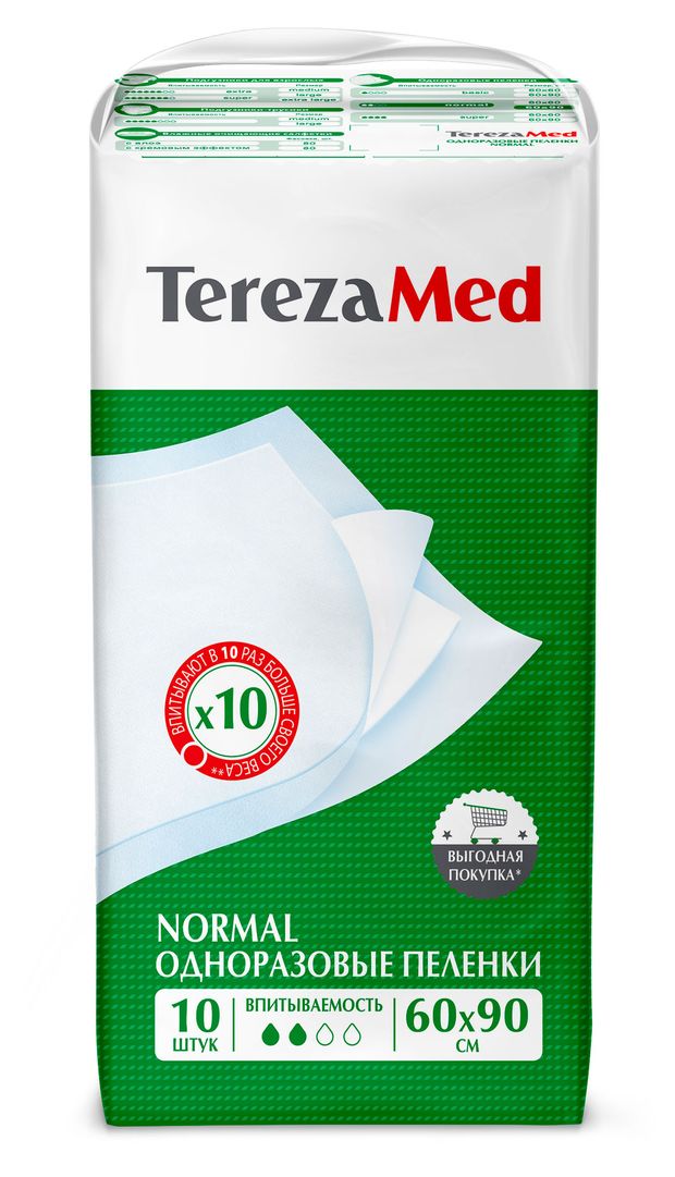 Пеленки урологические для взрослых TerezaMed Normal одноразовые впитывающие 2 капли 60х90 см 10 шт 400₽