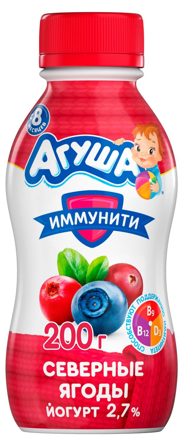 Йогурт питьевой детский Агуша черника-брусника-клюква 27 с 8 мес 180 г 53₽