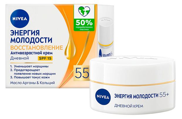 Крем для лица дневной NIVEA Антивозрастной Энергия Молодости Восстановление 55+ против морщин SPF 15 Китай, 50 мл