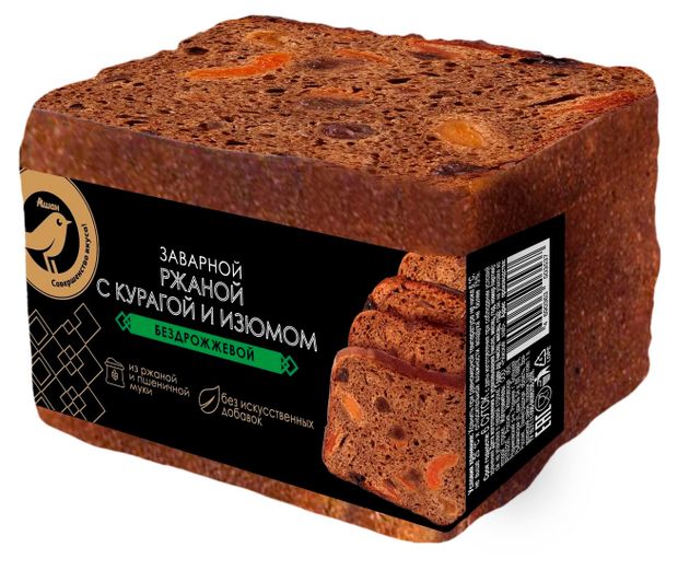 Хлеб АШАН Золотая птица Заварной ржаной с курагой и изюмом нарезка 300 г 120₽