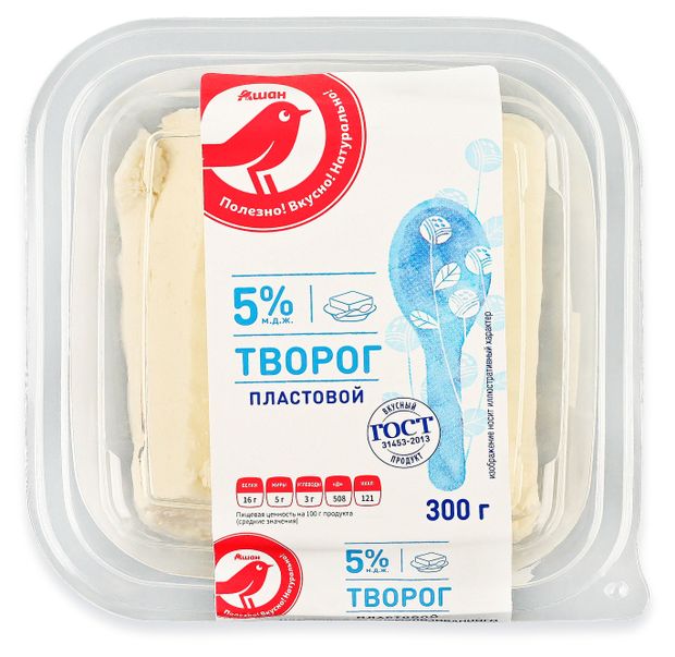 Творог пластовой АШАН Красная птица 5% ГОСТ БЗМЖ, 300 г