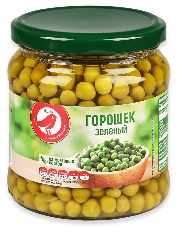 Горошек зеленый АШАН Красная птица консервированный, 460 г