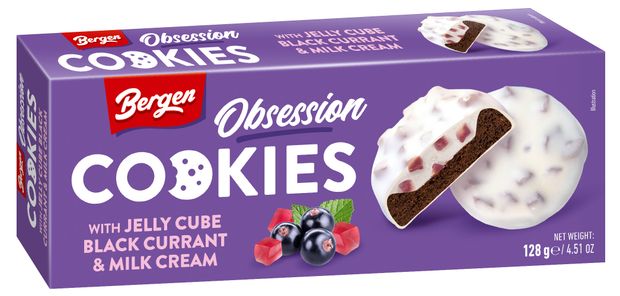 Печенье шоколадное Bergen Obsession cookies with jelly cube Black Currant & Milk Cream с кусочками желе со вкусом черной смородины и молочным кремом Польша, 128 г