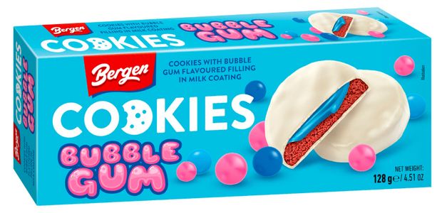 Печенье Bergen Bubble gum с начинкой со вкусом жевательной резинки покрытое молочной глазурью Польша, 128 г