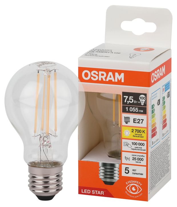 Лампа Osram LED STAR груша 7,5W E27 теплый белый свет, 1 шт