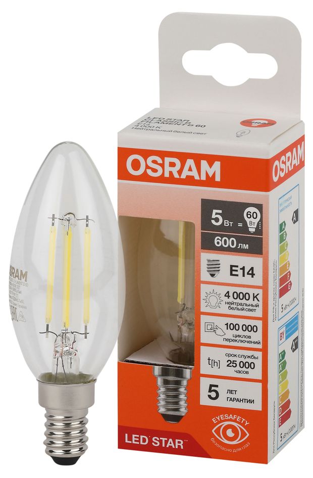 Лампа Osram LED STAR свеча 5W E14 нейтральный белый свет, 1 шт