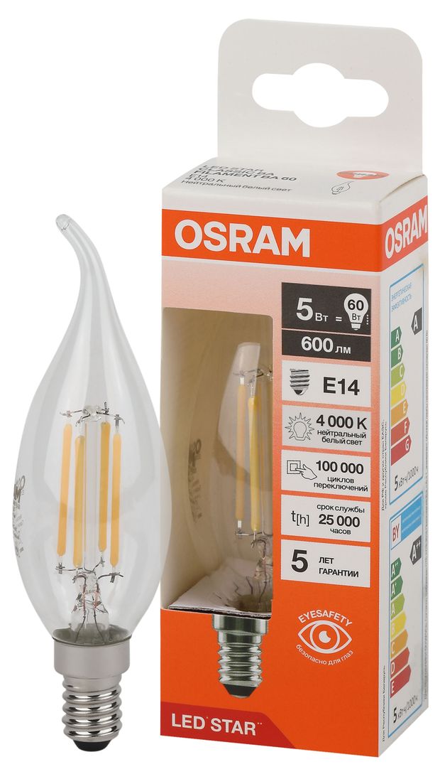 Лампа Osram LED STAR свеча 5W E14 нейтральный белый свет, 1 шт