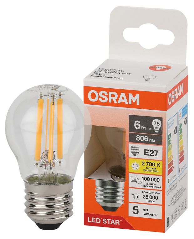 Лампа Osram LED STAR шар 6W E27 теплый белый свет, 1 шт