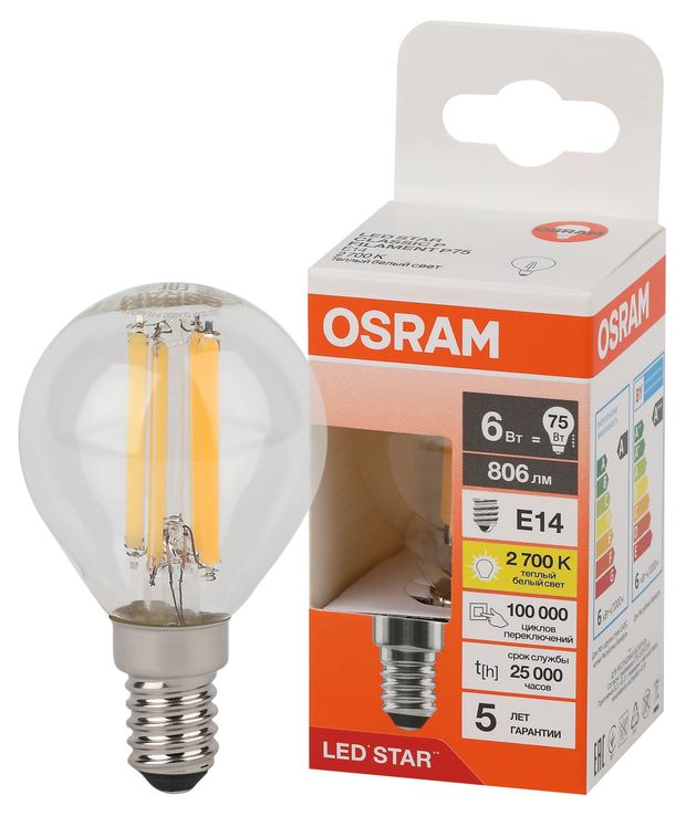Лампа Osram LED STAR шар 6W E14 теплый белый свет, 1 шт