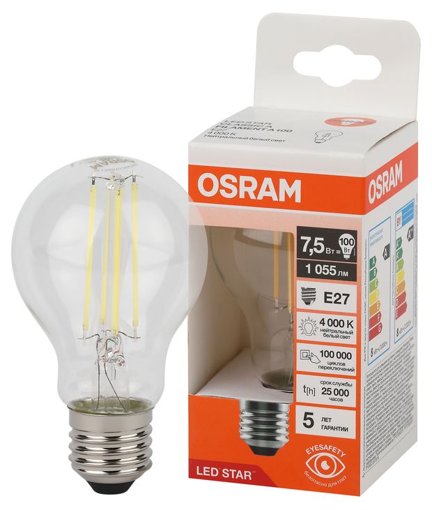 Лампа Osram LED STAR груша 7,5W E27 нейтральный белый свет, 1 шт