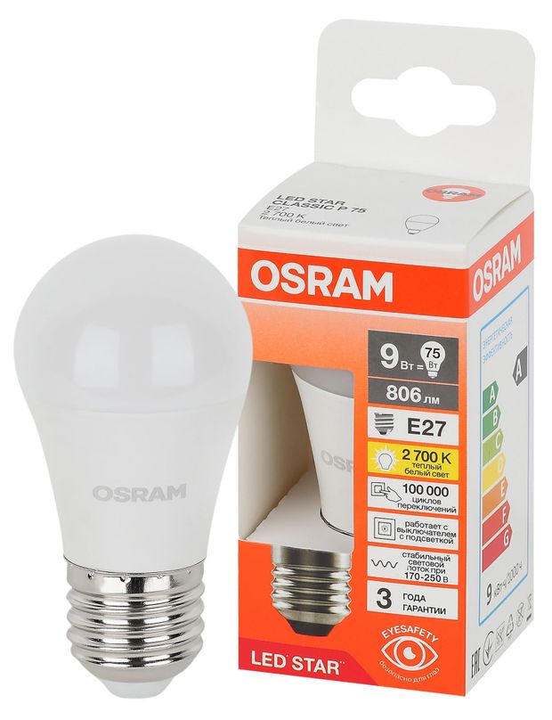 Лампа Osram LED STAR 9W Е27 теплый белый свет, 1 шт