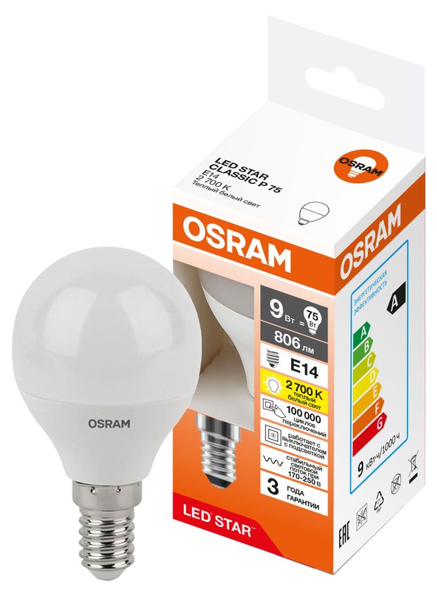 Лампа Osram LED STAR шар 9W E14 теплый белый свет, 1 шт