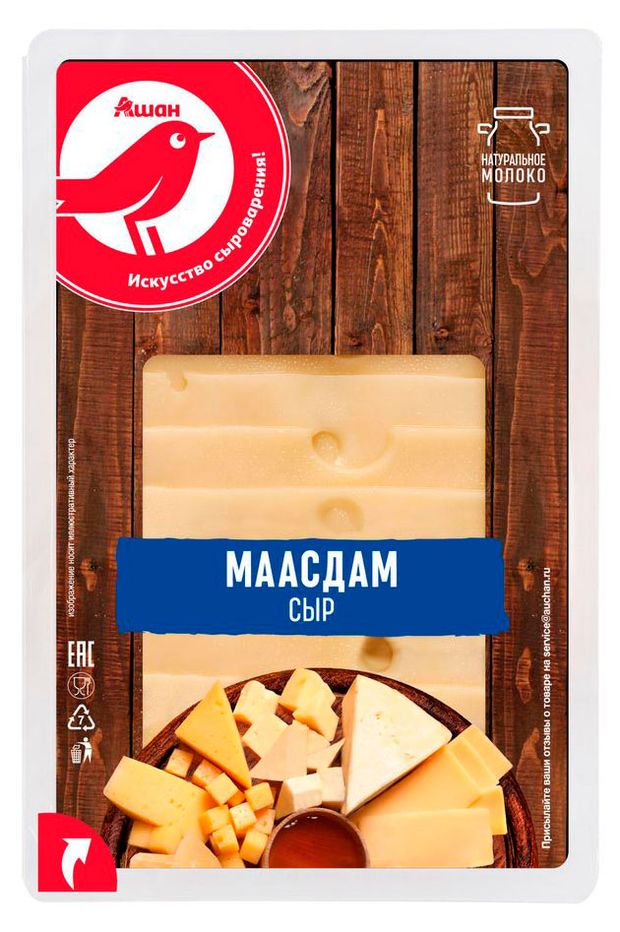 Сыр твердый АШАН Красная птица Маасдам 45 нарезка БЗМЖ 350 г 380₽