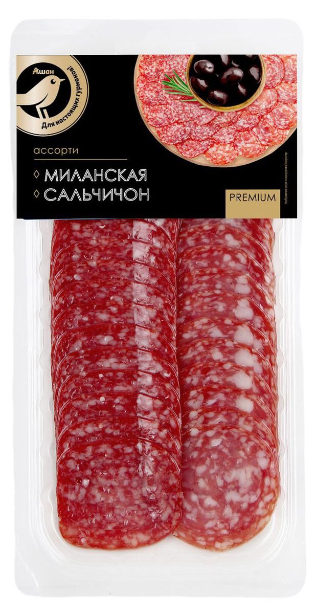 Набор Колбаса АШАН Золотая птица Ассорти из сырокопченых колбас Миланская и Сальчичон нарезка 100 г 180₽