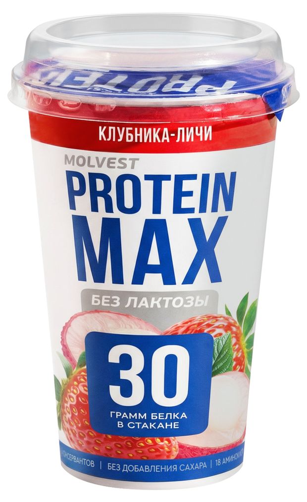Напиток кисломолочный Molvest Protein max Клубника-Личи без добавления сахара безлактозный 0,6% БЗМЖ охлажденный, 240 г