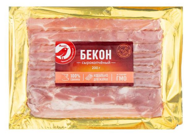 Бекон сырокопченый АШАН Красная птица из свинины на натуральной щепе в нарезке 200 г 180₽