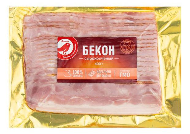 Бекон сырокопченый АШАН Красная птица из свинины в нарезке 400 г 350₽