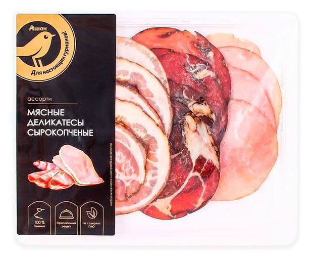 Набор Мясные деликатесы сырокопченые АШАН Золотая птица Ассорти из свинины нарезка 120 г 280₽