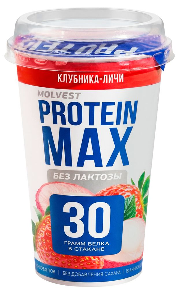 Напиток кисломолочный Molvest Protein max Клубника-Личи без добавления сахара безлактозный 0,6% БЗМЖ охлажденный, 240 г
