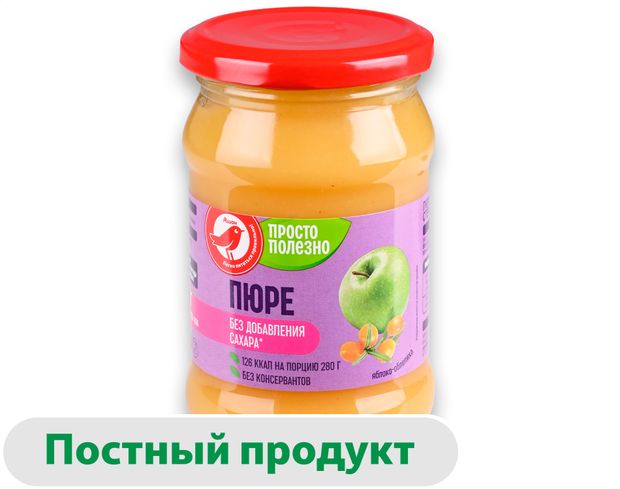 Пюре АШАН Красная птица яблоко-облепиха без добавления сахара, 280 г