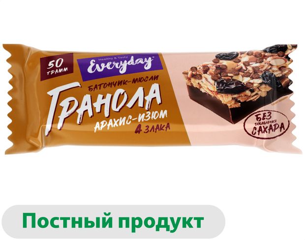 Батончик-мюсли Everyday Гранола арахис-изюм без добавления сахара, 50 г