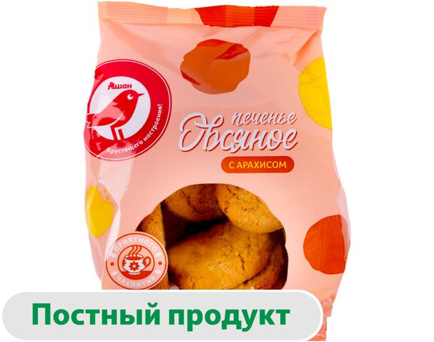Печенье АШАН Красная птица овсяное с арахисом, 400 г