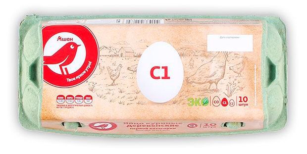Яйца куриные АШАН Красная птица Деревенские С1 столовые белые лоток 10 шт 120₽