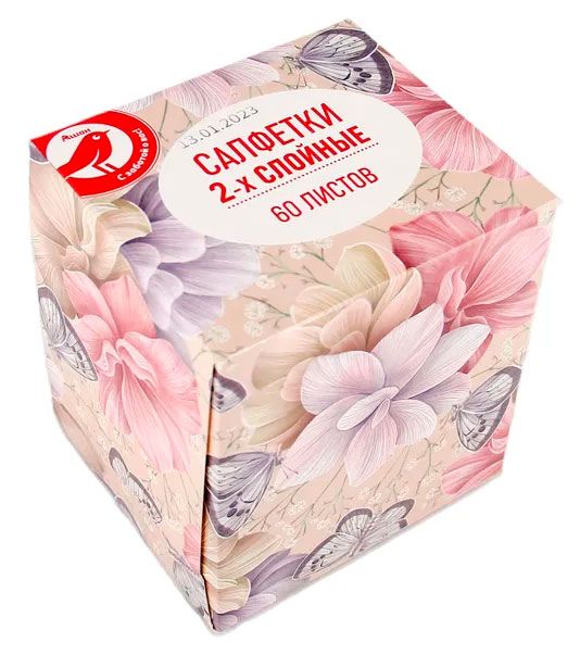 Салфетки бумажные АШАН Красная птица 2-слойные в боксе 60 шт 60₽