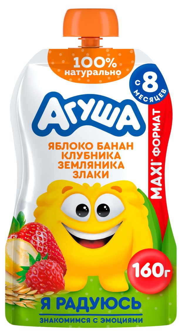 Пюре фруктовое Агуша яблоко-клубника-банан-земляника-злаки с 8 мес 160 г 90₽