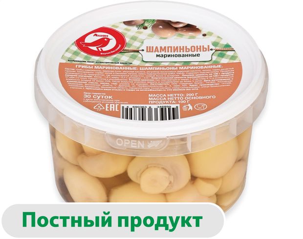 Грибы маринованные АШАН Красная птица Шампиньоны, 200 г