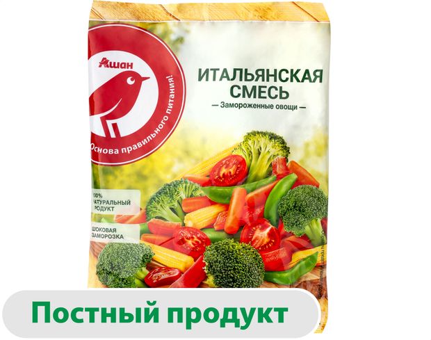 Овощная смесь АШАН Красная птица Итальянская мини морковь и кукуруза в початках с томатами замороженная 400 г 180₽