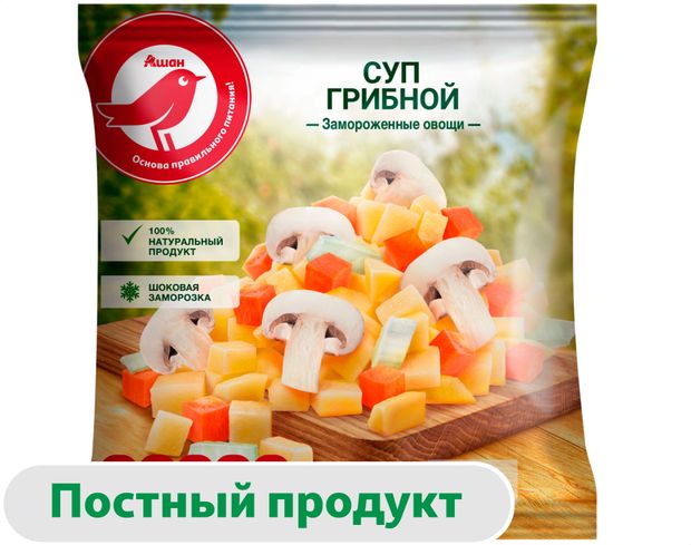Овощная суповая смесь Суп грибной АШАН Красная птица с шампиньонами замороженная 400 г 120₽