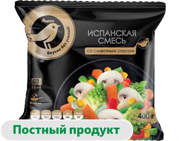 Овощная смесь АШАН Золотая птица Испанская морковь капуста романеско фасоль стручковая шампиньоны и кукуруза со сливочным соусом замороженная, 400 г