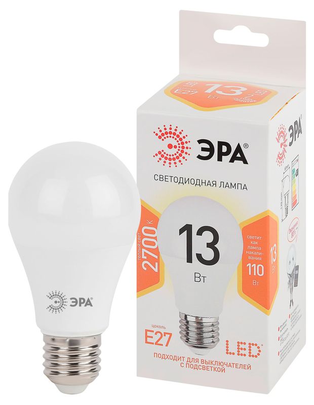 Лампа светодиодная ЭРА STD LED A60-13W-827-E27 13Вт груша теплый белый свет Е27