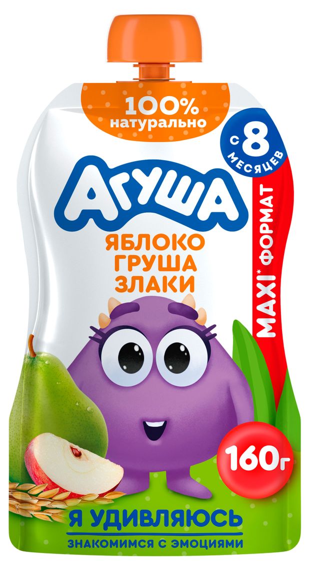 Пюре фруктовое Агуша яблоко-груша-злаки с 8 мес., 160 г