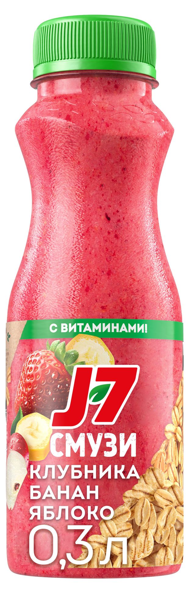 Продукт питьевой J7 Смузи с витаминами злаки клубника яблоко банан черноплодная рябина без добавления сахара охлажденный, 300 мл