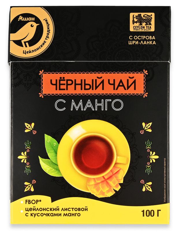Чай черный АШАН Золотая птица с ароматом и кусочками манго Шри-Ланка, 100 г