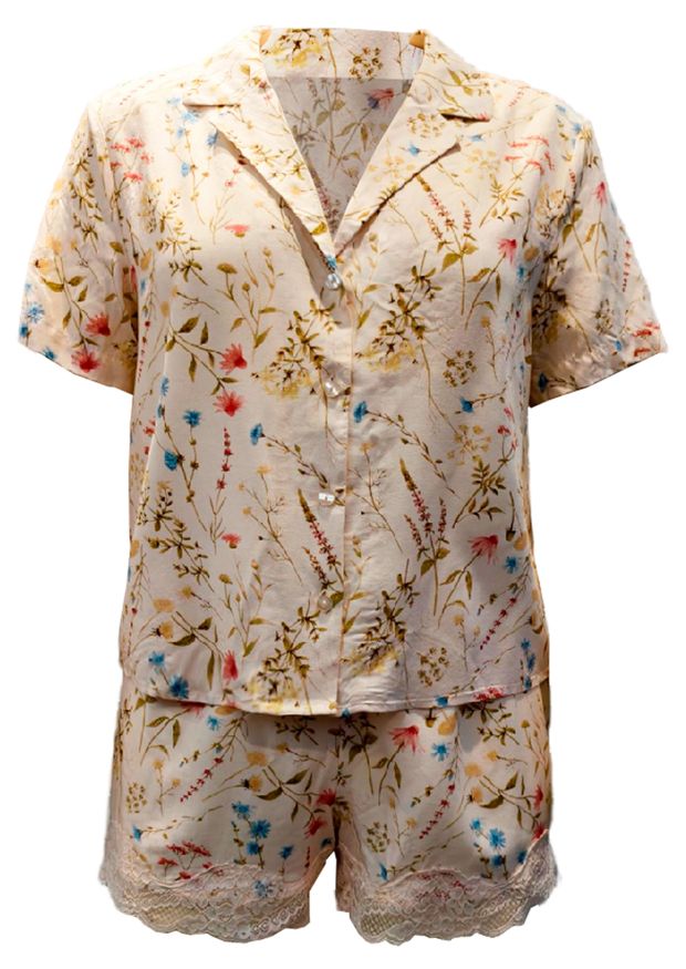 Пижама женская InExtenso с коротким рукавом светло-бежевая с рисунком цветы, р. S-XXL