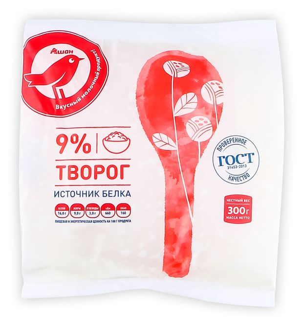 Творог рассыпчатый АШАН Красная птица 9% ГОСТ БЗМЖ, 300 г