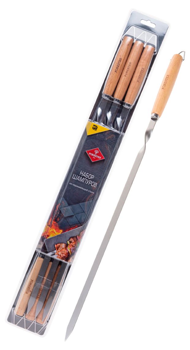 Набор шампуров FORESTER Pro из нержавеющей стали с ручками из каучукового дерева 55 см, 6 штук