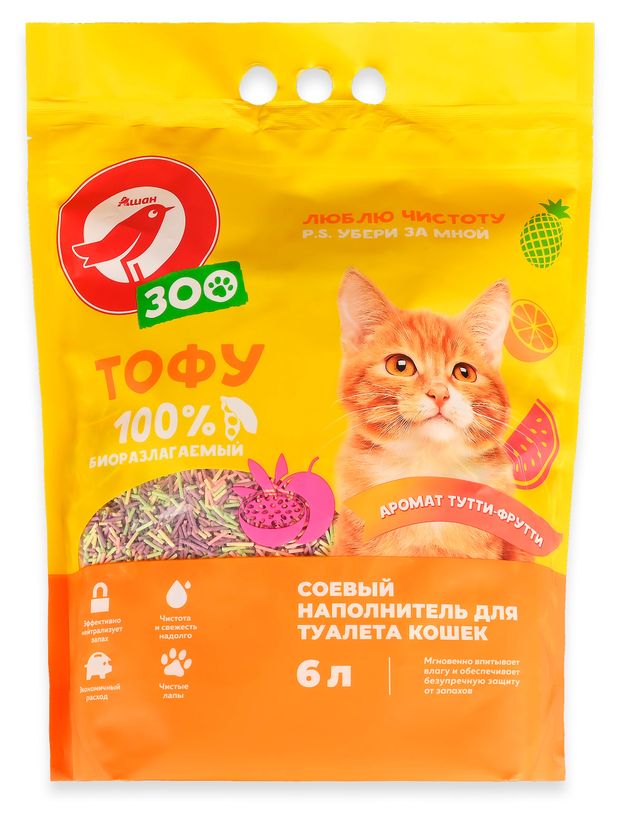 Наполнитель для кошачьего туалета АШАН Красная птица Зоо Тофу соевый тутти-фрутти Китай, 6 л