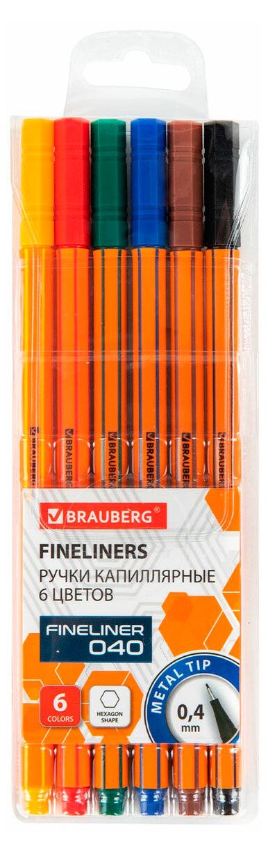 Набор капиллярных ручек BRAUBERG Fineliner 040 0,4 мм, 6 цветов